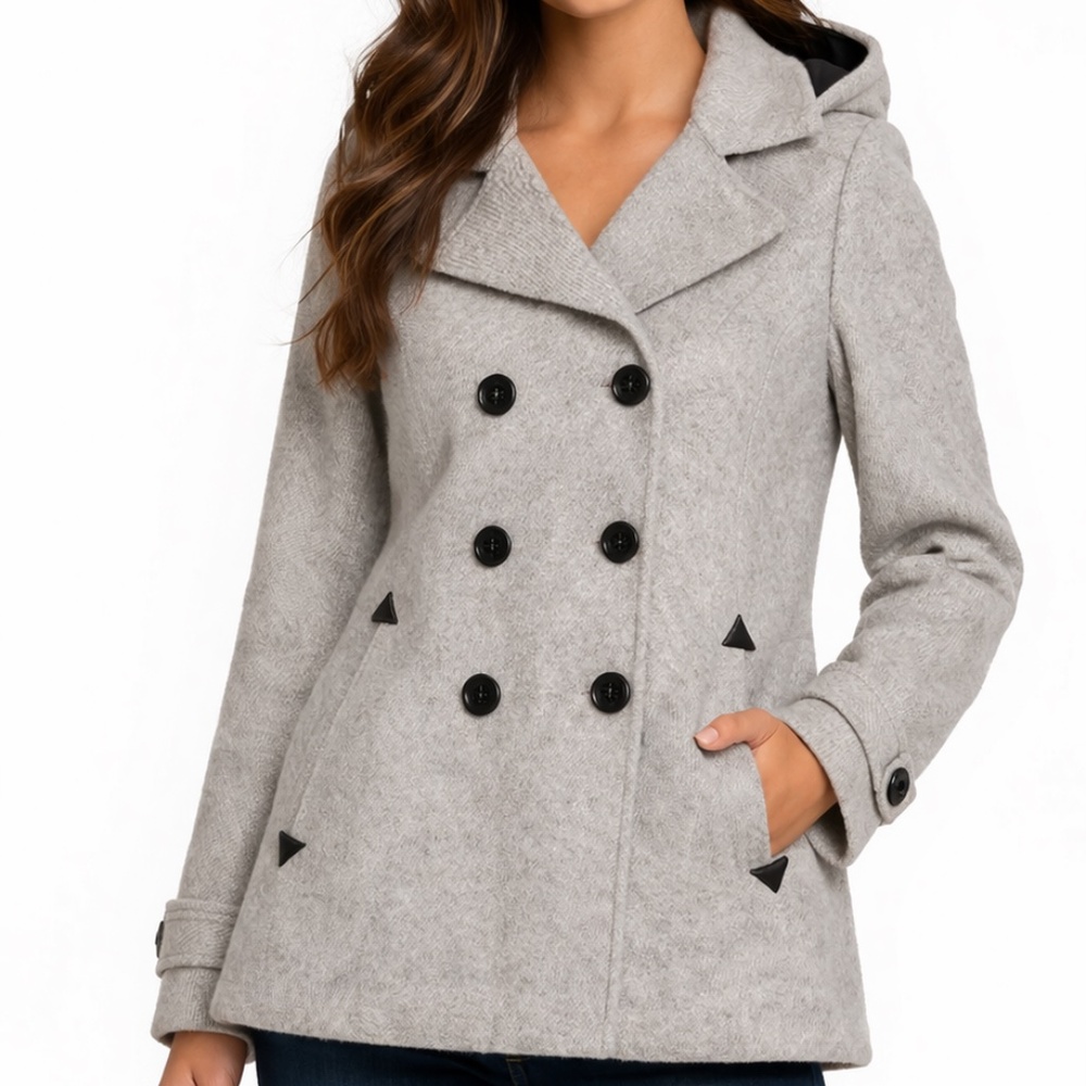 Liverpool - Gray Double-Breasted Peacoat with Removable Hood